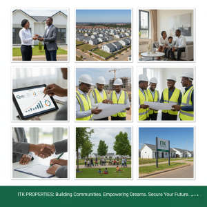 Collage of eight professional ITK Properties team members (architects, construction managers, real estate agents) overseeing affordable housing and strategic property development projects in Uganda and East Africa.