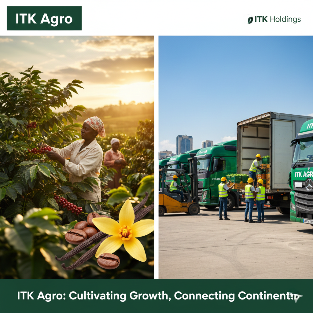 Close-up image of lush coffee beans or vanilla pods being harvested in a field in Uganda. This image represents ITK Agro's sustainable farming, agricultural exports, commodity sourcing, and high-quality coffee and vanilla trade from East Africa.