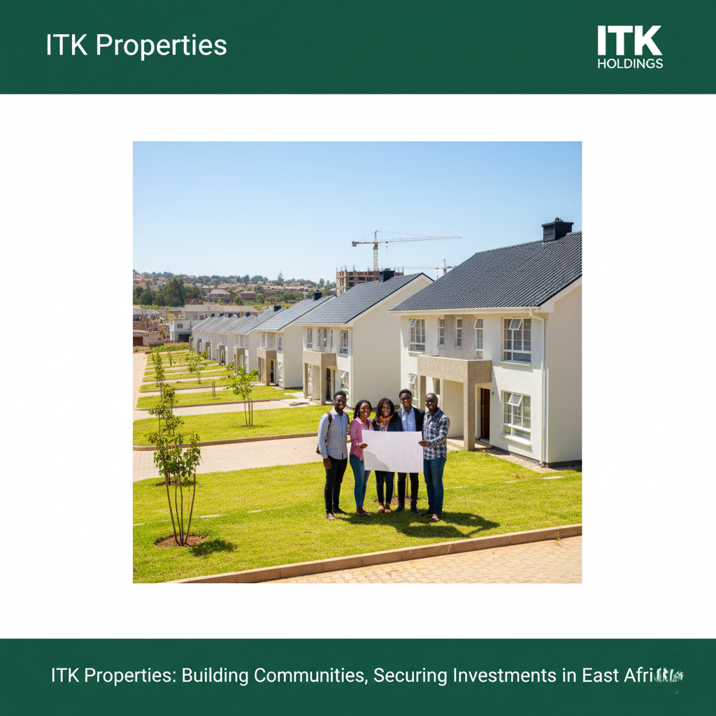 Modern, newly built affordable housing community development by ITK Properties in Uganda, showing clean residential homes and green space. This image represents strategic real estate investment, property management, and affordable homeownership in East Africa.