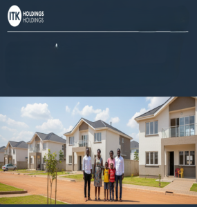 A diverse African family smiling in front of a modern, newly built affordable home in a well-planned ITK Properties housing development in Uganda, representing accessible homeownership and community living.