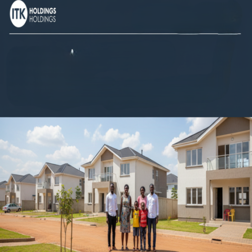 A diverse African family smiling in front of a modern, newly built affordable home in a well-planned ITK Properties housing development in Uganda, representing accessible homeownership and community living.