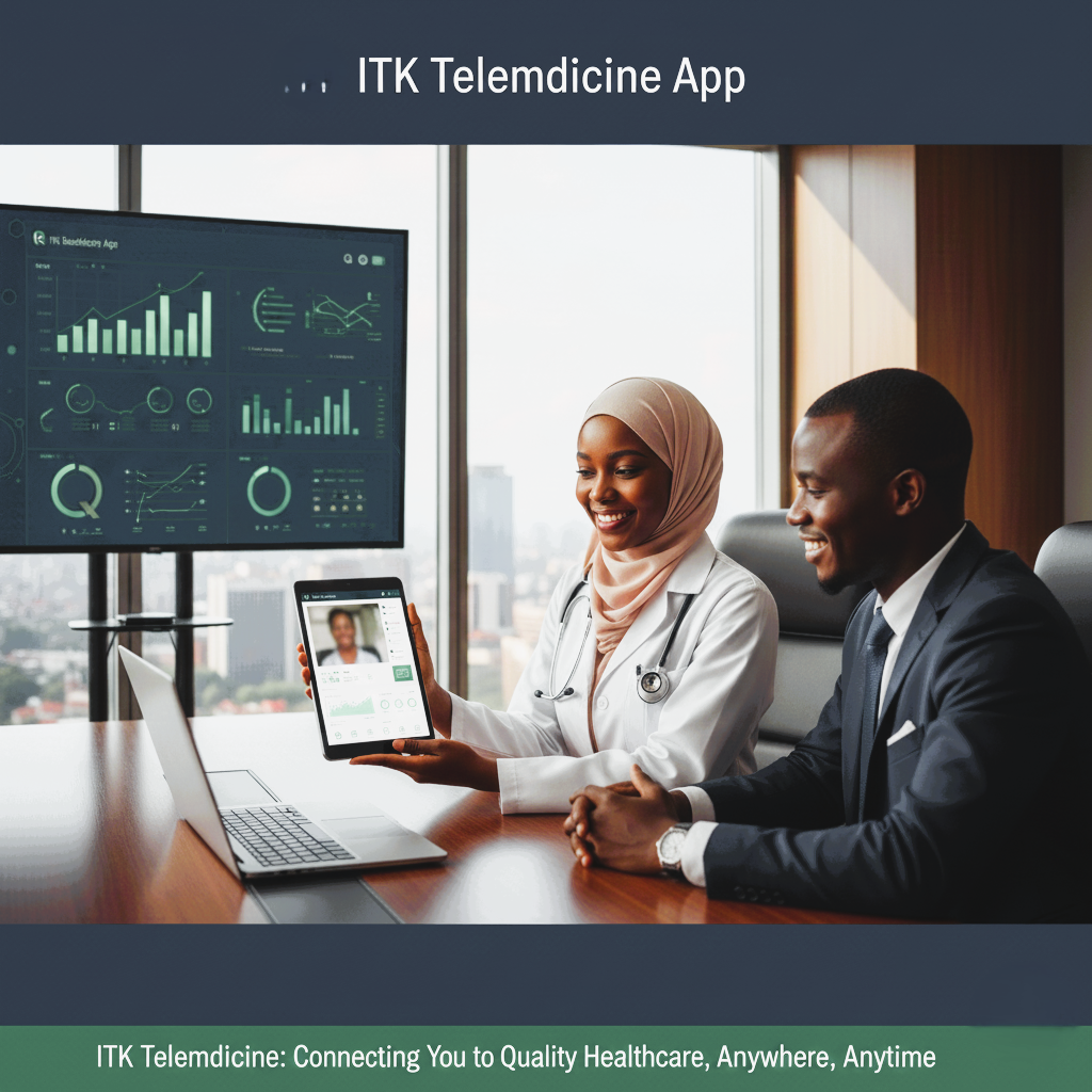African doctor or medical professional presenting the ITK Telemedicine App interface on a screen, demonstrating digital healthcare access, virtual consultations, and remote patient monitoring services in East Africa.