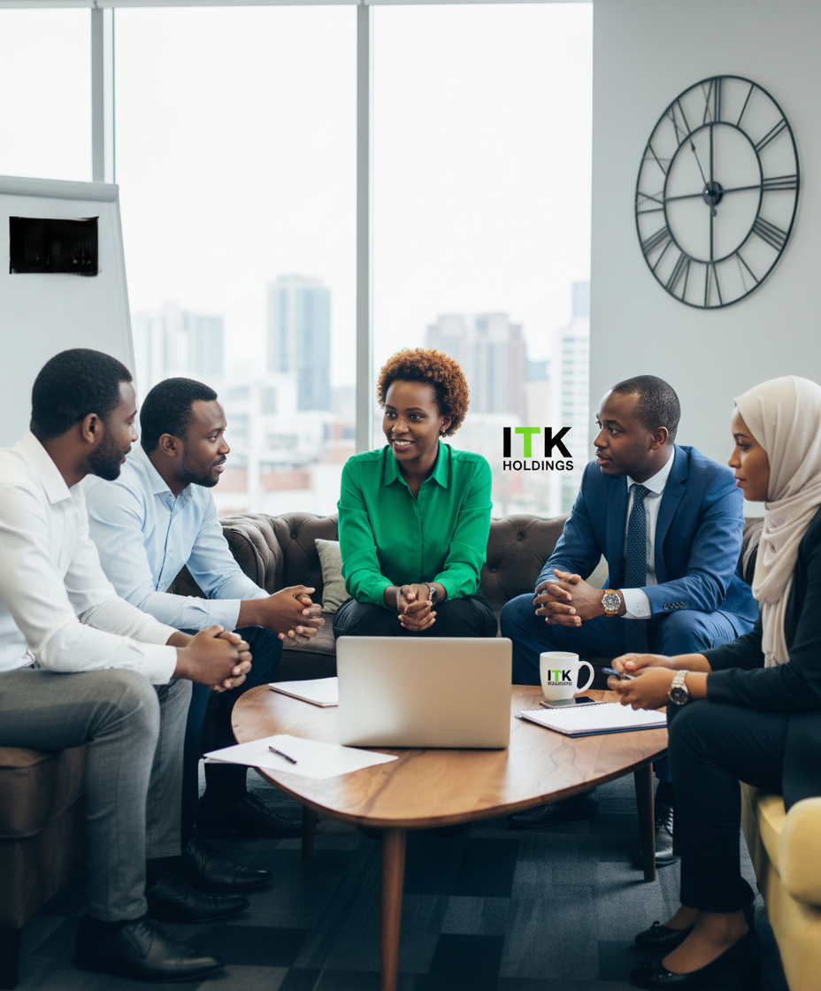 Professional ITK Holdings customer care representative with headset, smiling, ready to assist with investments (Qalby Investments), real estate (ITK Properties), logistics (ITK Movers), and healthcare (ITK Telemedicine). Contact us for business advice and investment opportunities in Uganda.