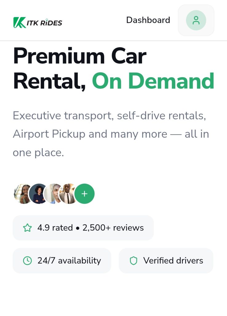ITK Rides premium car rental booking dashboard in Uganda showing airport pickup, corporate ride, and safari options
