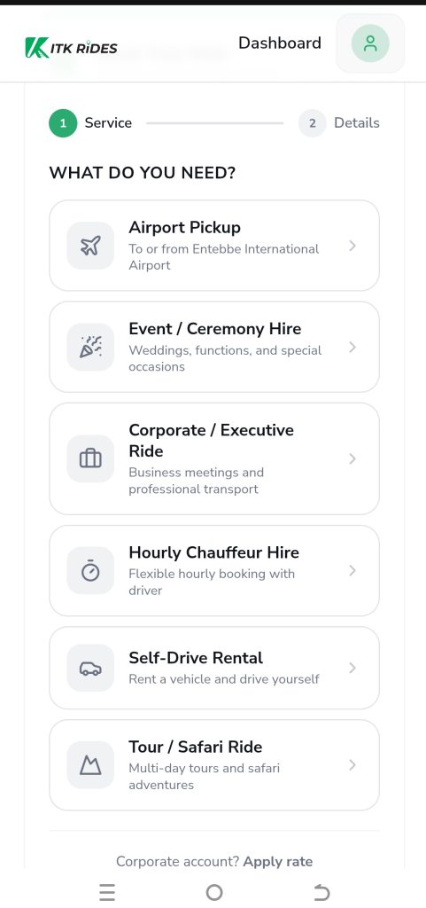 ITK Rides booking dashboard showing premium car rental options in Uganda
Booking Platform Homepage Screenshot
